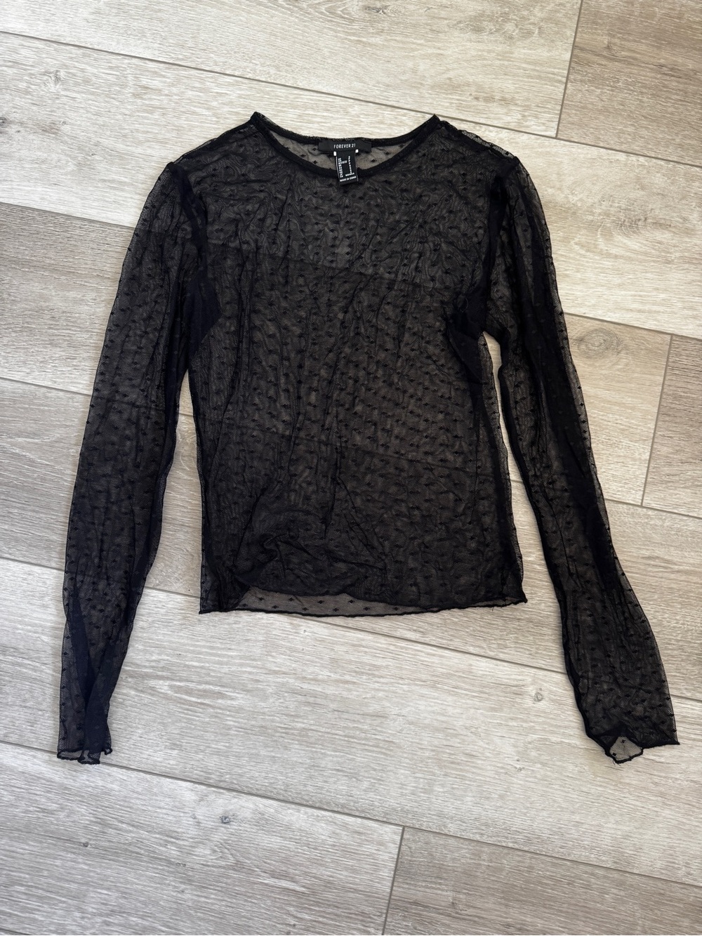Forever 21 Black Sheer Dot-Textured Long Sleeve Top